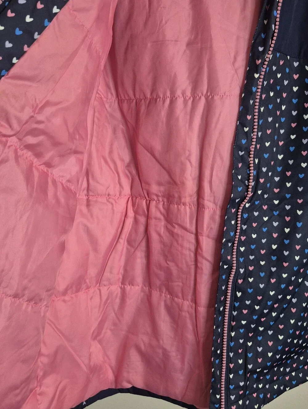 Lands' End Navy Hooded  Jacket with Pink Heart Print Girls Size XL 16